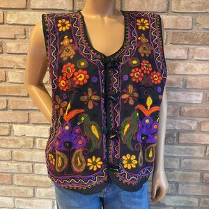 Instyle Vest Black Cotton Floral Embroidered Frog Button Women M Vintage